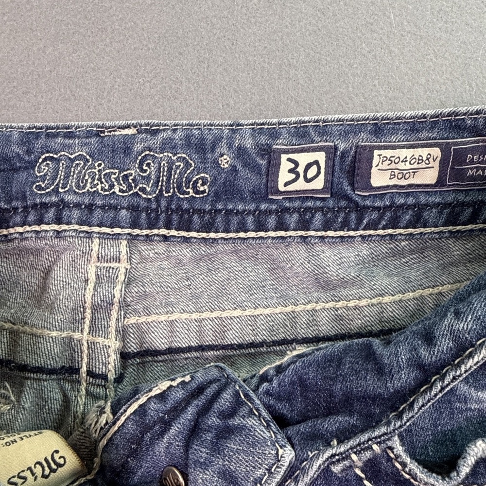 Miss Me Jeans Womens 30/32 Blue Denim Cross Bling Embelished Signature Boot - Picture 5 of 12